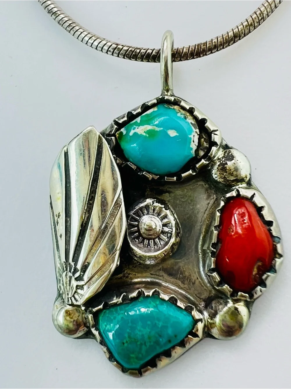 Native American Sterling Silver Turquoise & Coral Pendant Necklace SIGNED